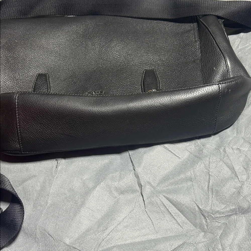 Boss Hugo Boss Black Leather Messenger Bag with Adjustable Strap
